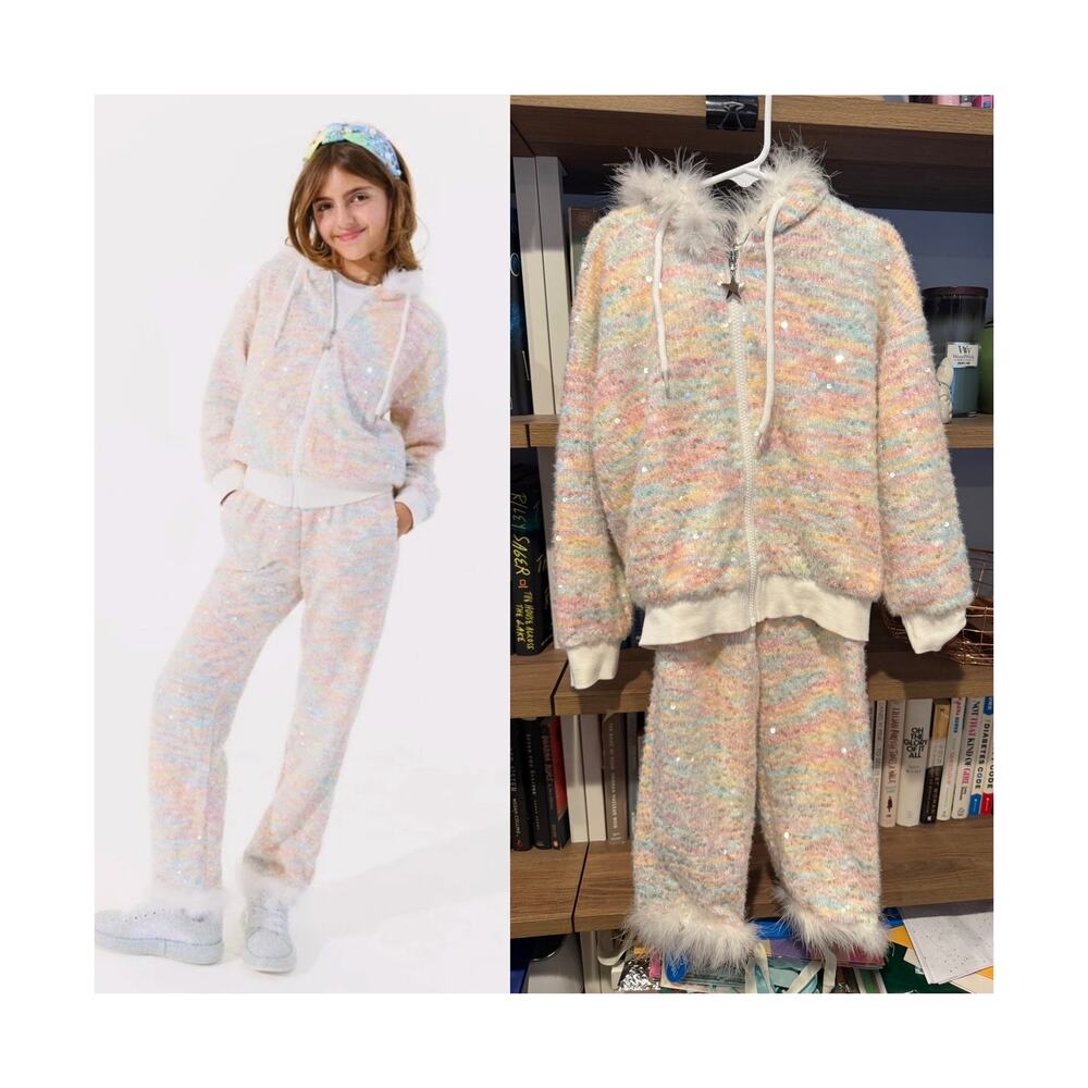 Lola + The Boys Pastel Rainbow Knit Shimmer Sequin Fur Hoodie Pants Set 6